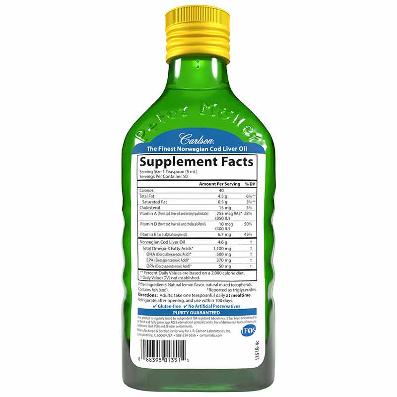 Cod Liver Oil 1100 Mg Omega3s Liquid, Carlson Labs